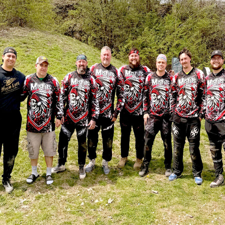 MISFIT paintball team is in a happy mood after the match, wearing custom paintball jerseys