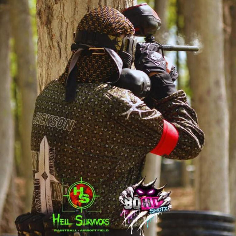 Hell Survivors Paintball Team member is in action wearing custompaintball.co's made paintball jersey & pants