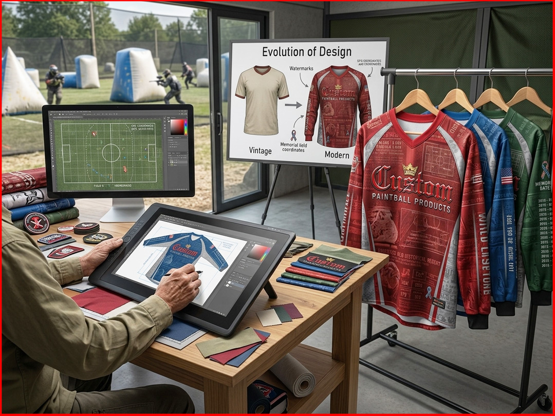 Learn how watermarks, field coordinates & memorial symbols create narrative paintball jerseys.